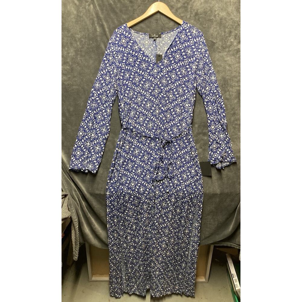 NEW Lulus Mandala Daydream Blue Print Maxi Dress XL Bell Slv Boho Slit Coastal